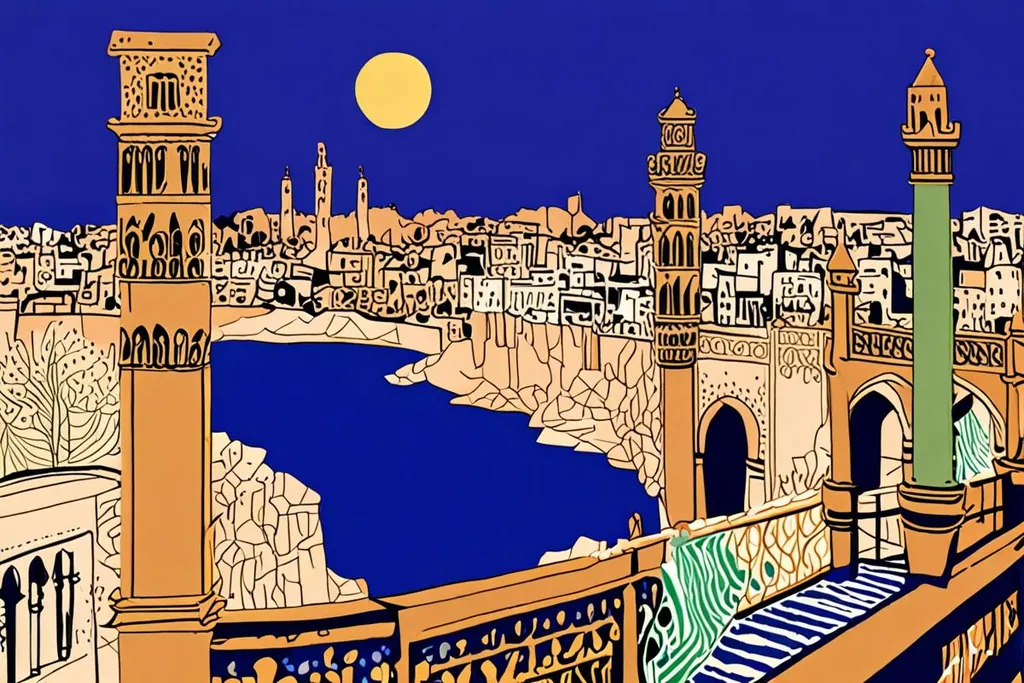 A paper-cut collage of the Kasbah of the Udayas above the Bou Regreg, with the Hassan Tower and ruined columns behind and a tram on the bridge below.