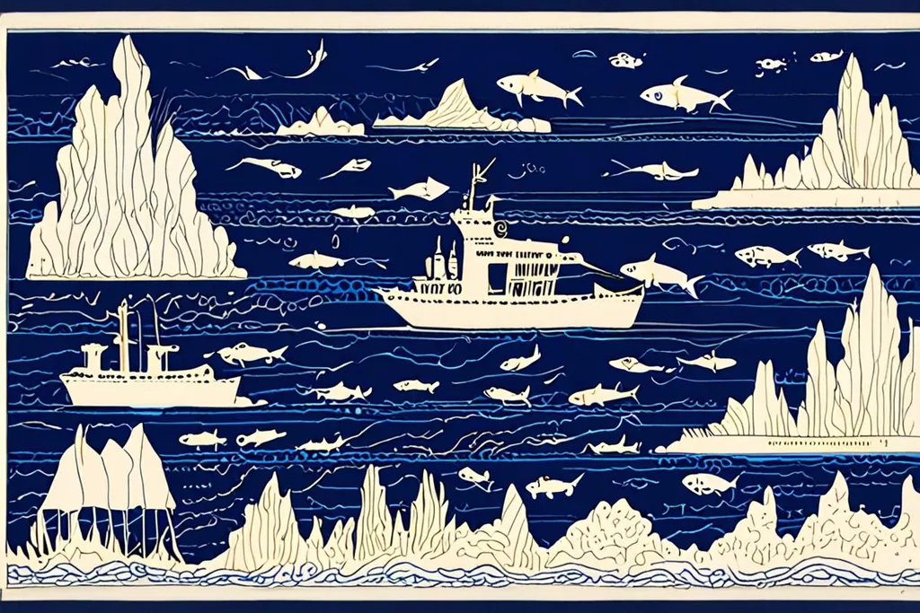 A paper-cut collage of a diver in front of a Red Sea coral wall, with fan corals, a school of small fish and the outline of a wreck in the blue behind.