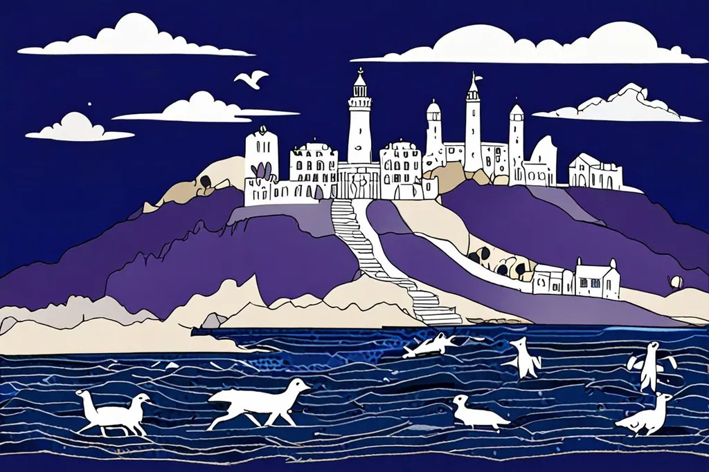 A paper-cut collage of a flat island in a grey bay with a lighthouse and low prison buildings, a ferry approaching and Table Mountain on the horizon.