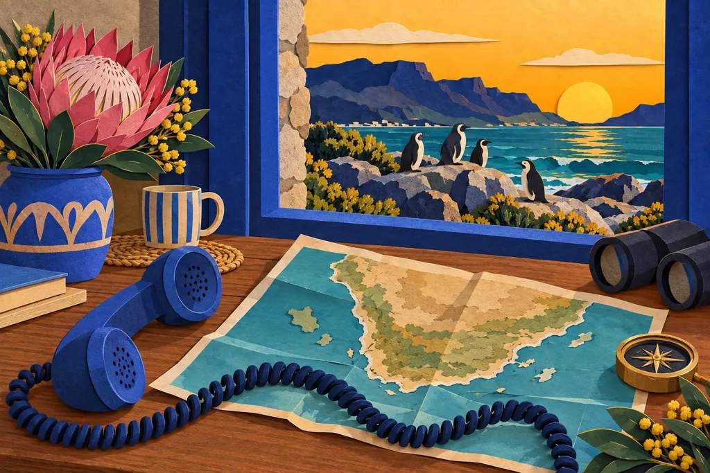 A paper-cut illustration of a telephone handset on a wooden table beside a folded map of a peninsula, with penguins on rocks through a window.