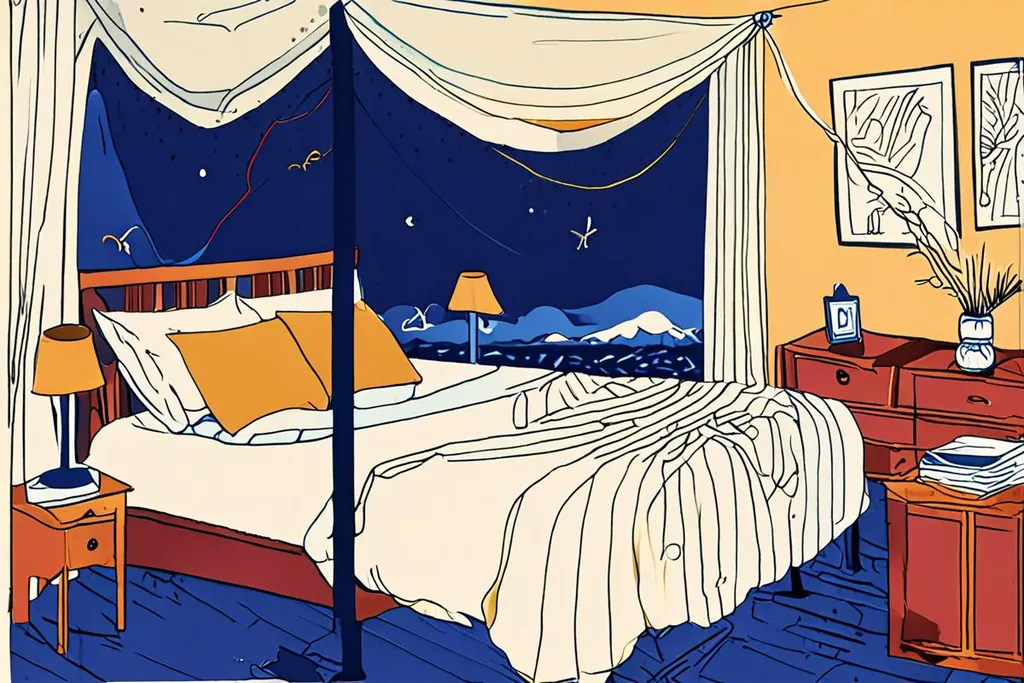 A paper-cut collage of a safari chalet at dusk with a netted bed inside, a mosquito coil burning on the step and acacia trees against the last light.