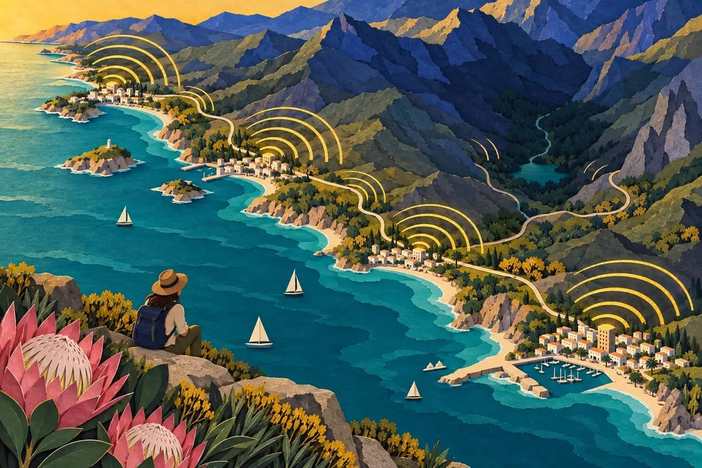 A paper-cut illustration of a coastline seen from above with gold signal arcs over the towns and the road between them, thinning over the mountains.