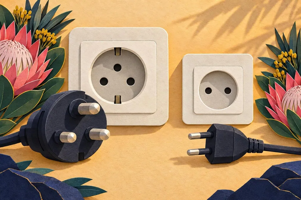 A paper-cut illustration of a large three round pin socket and plug beside the smaller newer kind, laid out on sand-coloured paper for comparison.