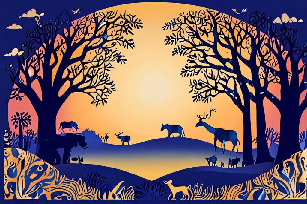 A paper-cut collage of a dawn game drive, with an open vehicle, a giraffe and antelope on the plain and a waterhole reflecting a low sun.