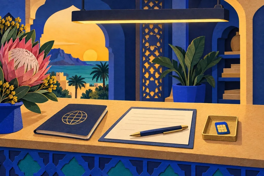 A paper-cut illustration of a shop counter under a strip light, with a passport, a blank registration form, a SIM card in a tray and a pen.