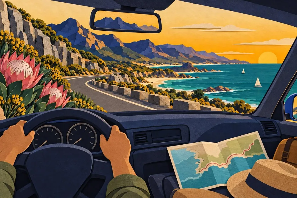 A paper-cut illustration of a car interior from the driver’s side, with a paper map on the passenger seat and the coast road through the windscreen.