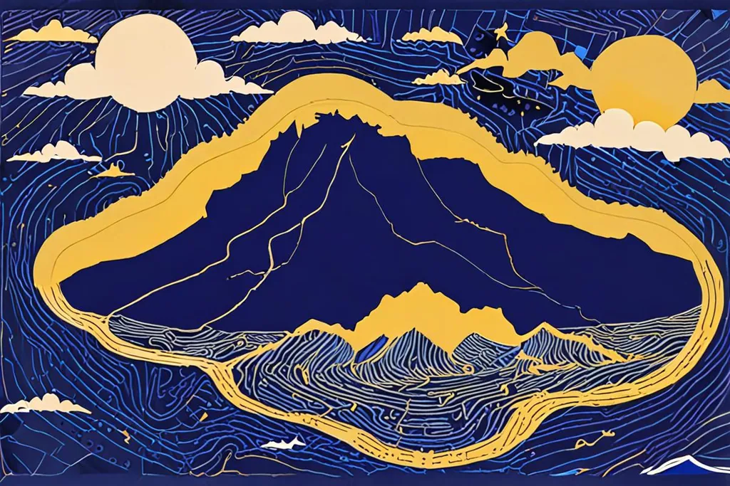 A paper-cut collage of South African weather with rain clouds over a green Cape vineyard, a Highveld thunderstorm over dry grassland and a sunny subtropical beach between them.