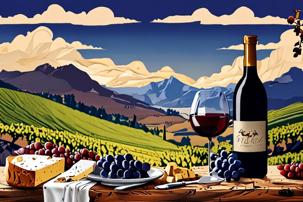 A paper-cut collage of wine bottles in a row with blank labels, a glass of red wine, a corkscrew and cut-paper vineyard shapes behind them.