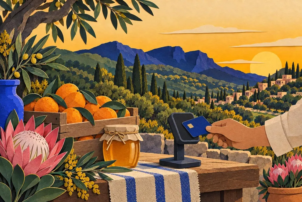 A paper-cut illustration of a market table with a card reader on a stand, a hand tapping a card against it, a crate of oranges and a jar of honey.