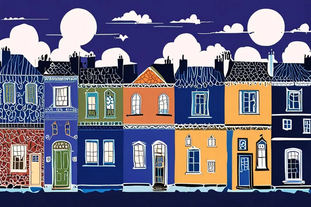 A paper-cut collage of a Soweto street, with a small brick house with a plaque, cooling towers painted with a mural, a corner grill with smoke and a minibus taxi.