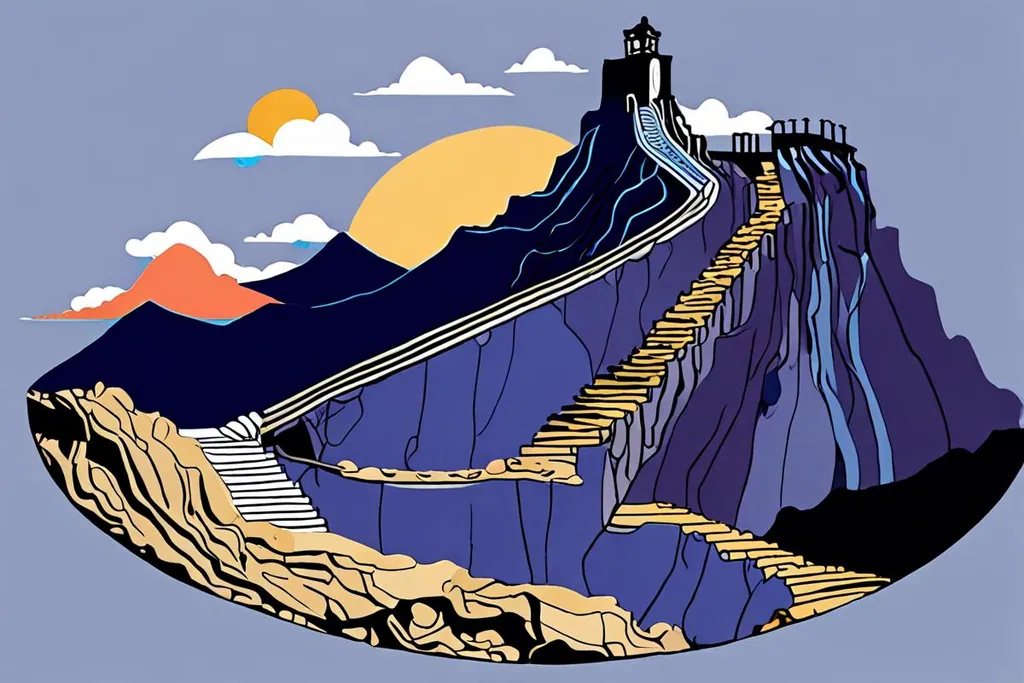 A paper-cut collage of Table Mountain with the cableway car climbing, stone steps in a gorge on the flank and cloud pouring over the flat summit.
