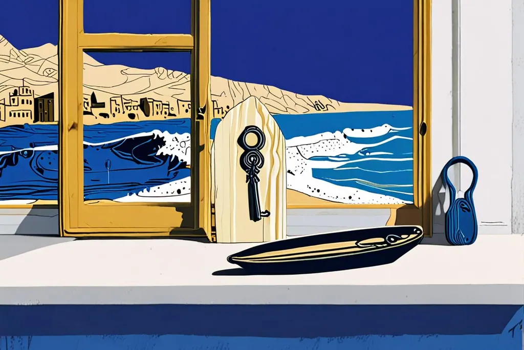 A paper-cut collage of Taghazout at midday, with white cubic houses stacked up a dry hillside, a blue door and a surfboard leaning beside it, fishing boats on the sand below and a line of green water curling outside.
