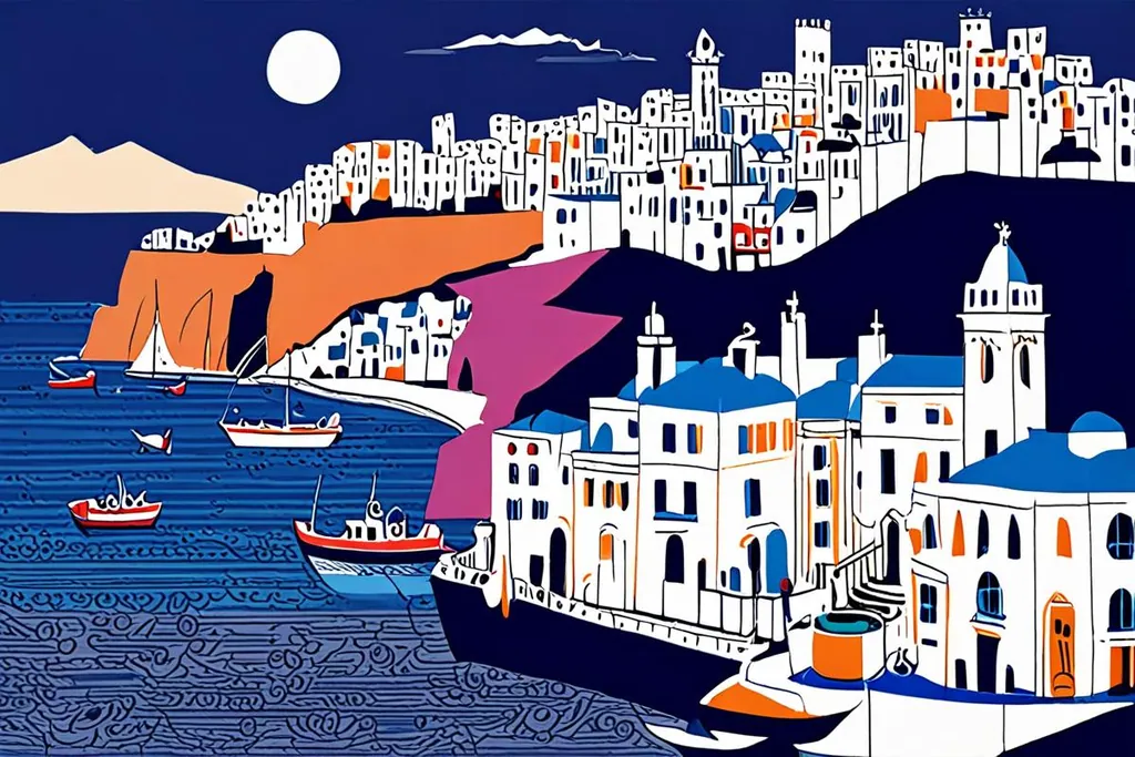 A paper-cut collage of a harbour with a ferry at the quay, white houses stacked up the hillside behind it and a phone open on a harbour front table.