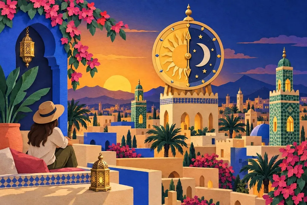 A paper-cut illustration of a large clock face with a sun on one half and a crescent moon on the other, standing above the rooftops of a medina.
