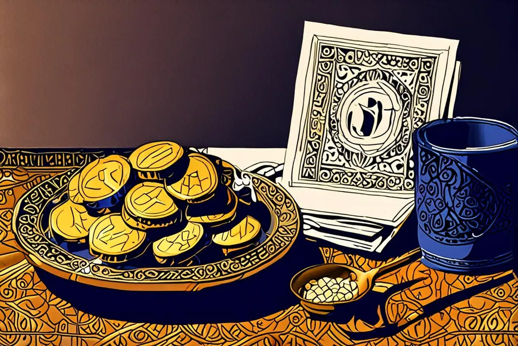 A paper-cut collage of a café table in Morocco: a small brass tray with a glass of mint tea and a teapot, coins and a folded banknote resting on a woven cloth, and a bread basket beside them.