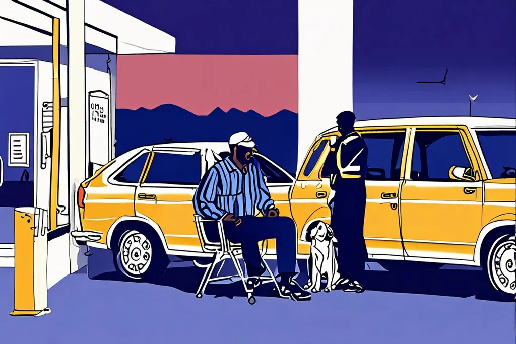 A paper-cut collage of a petrol station with an attendant filling a car and cleaning the windscreen, and a car guard on a crate in a car park.