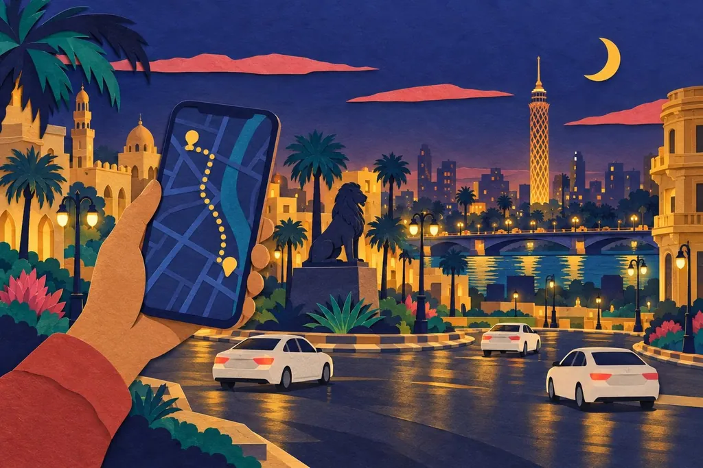 A paper-cut illustration of a Cairo junction at night with white cars and a phone held above the street showing a route as a dotted gold line.