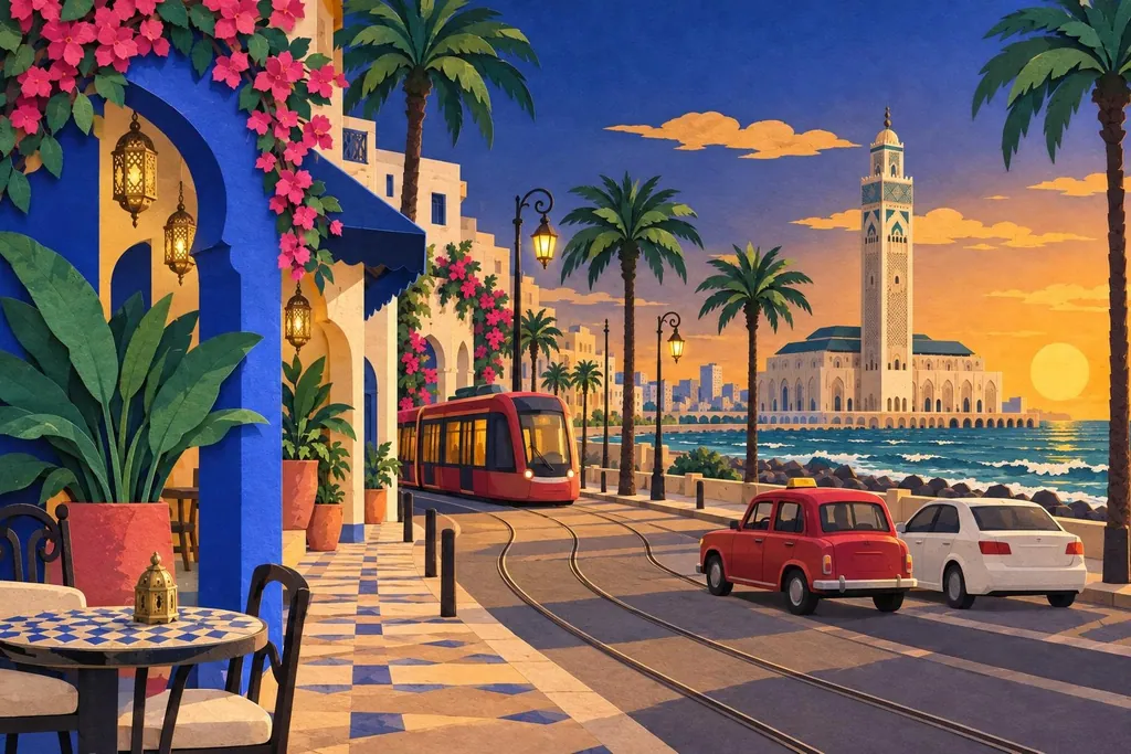 A paper-cut illustration of a Casablanca street corner with a small red taxi and a plain white car at the kerb, a tram line curving away.