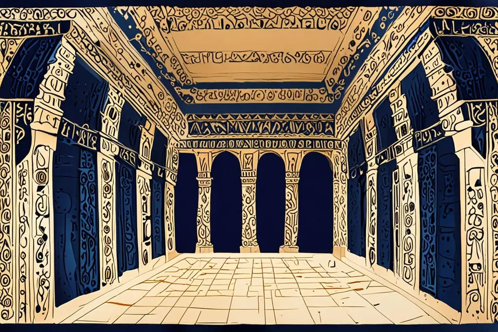 A paper-cut collage of the Valley of the Kings, with a pale limestone wadi beneath the pyramid-shaped peak of al-Qurn and one tomb doorway opened to show a corridor of painted walls.