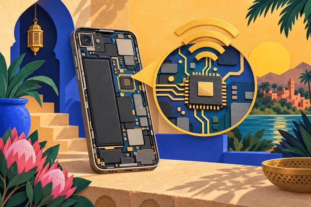 A paper-cut illustration of a phone cut away to show the chip inside, with a magnified view of the same chip beside it.