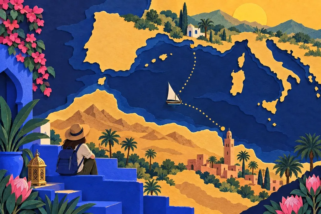 A paper-cut illustration of the sea between Europe and North Africa with a dotted gold line crossing the water, a small house on the northern shore and a minaret on the southern one.
