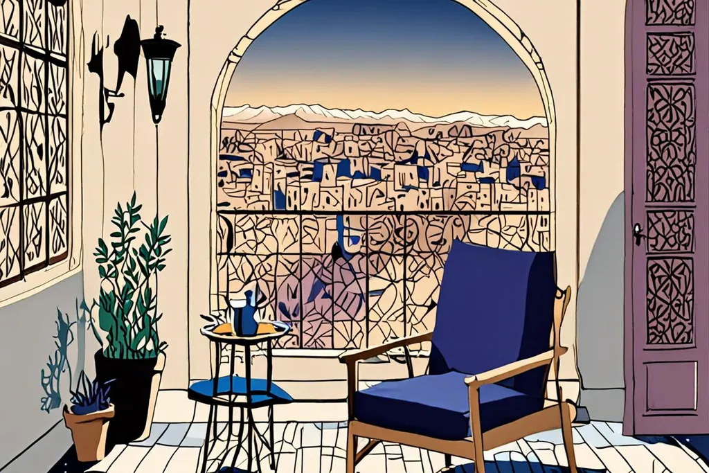 A paper-cut collage of a Moroccan calendar year as a landscape, with a snow-capped Atlas ridge, an Atlantic beach, a palm grove and a desert dune arranged side by side.