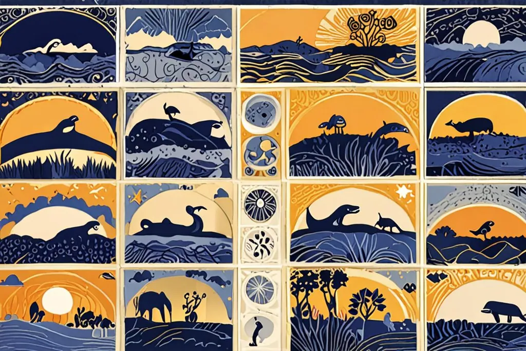 A paper-cut collage of a South African year with a vineyard and mountain in summer light, a dry bushveld waterhole and a whale breaking the surface.