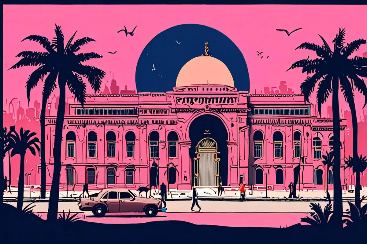 Un collage en papel recortado del Museo Egipcio: una fachada clásica rosa con ventanales y una plaza urbana, palmeras y tráfico delante, y un sarcófago pintado y una estatua en piedra dibujados en la puerta.