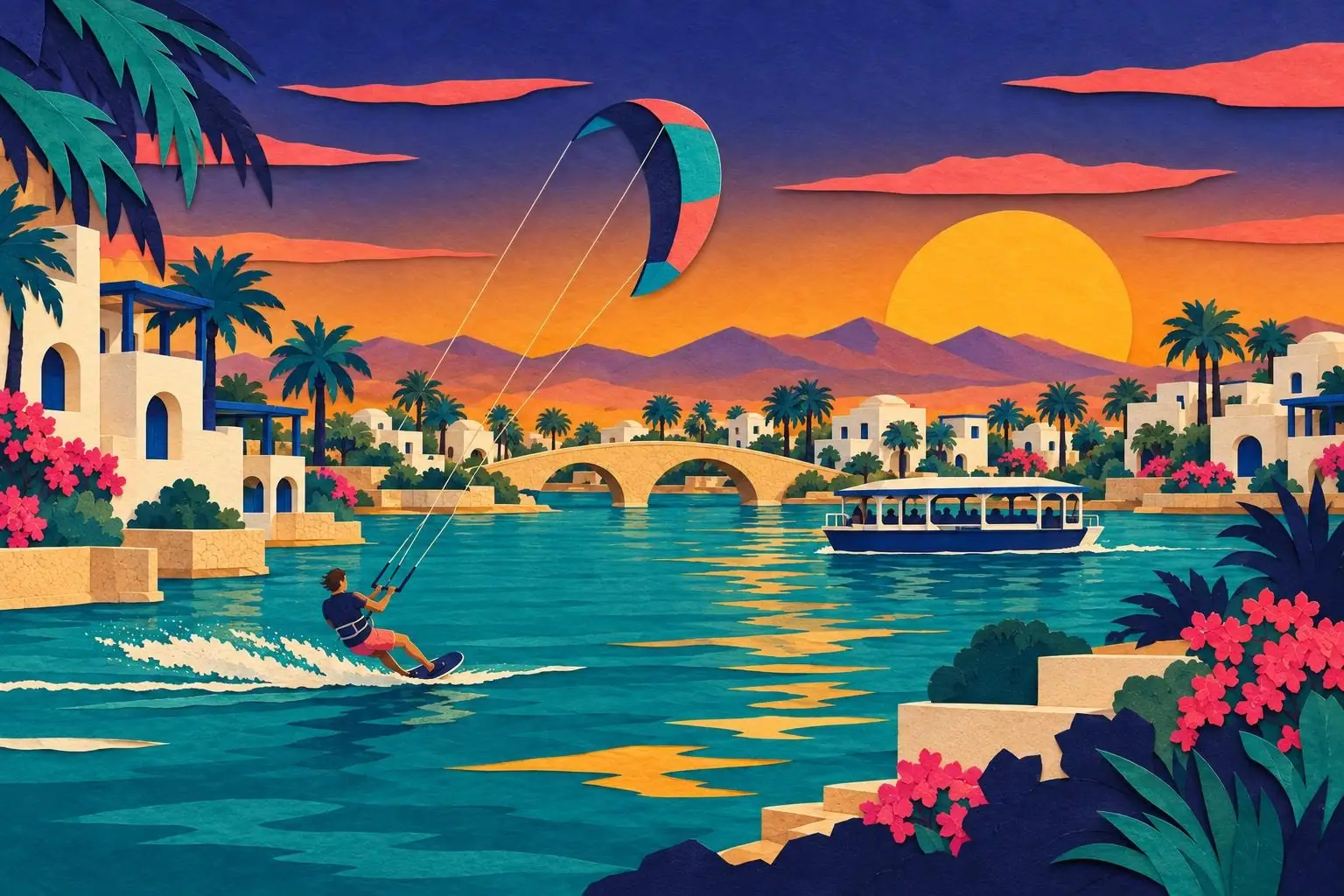 Lagoon-side terrace in El Gouna at golden hour, with a boat moored on calm water and low resort buildings in the background