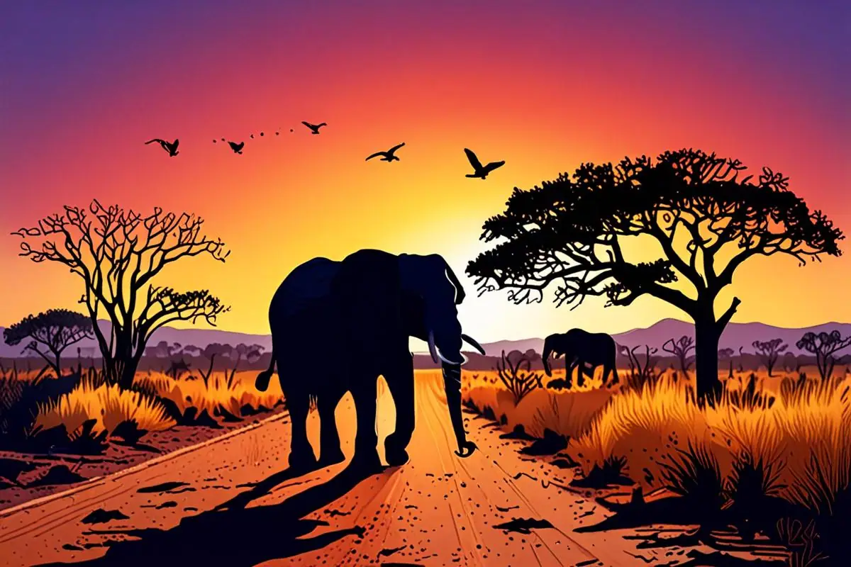Kruger National Park का पेपर कट-कोलाज: एक पक्की सड़क सूखी झाड़ी से होते हुए, सामने एक मोटा हाथी रास्ता पार कर रहा है, किनारे के जलाशय में हिरण और पेड़ों के बीच छत वाला विश्राम शिविर।