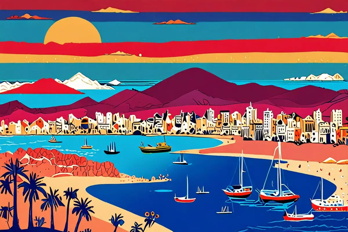 ภาพคอลลาจตัดกระดาษของ Sharm El Sheikh: อ่าวโค้งที่โรงแรมสีขาวตั้งตลอดชายฝั่ง แนวปะการังหลายชั้นใต้น้ำใสสะอาด มีเรือดำน้ำจอดขอบแนวปะการังและภูเขาทะเลทรายอยู่ด้านหลังเมือง