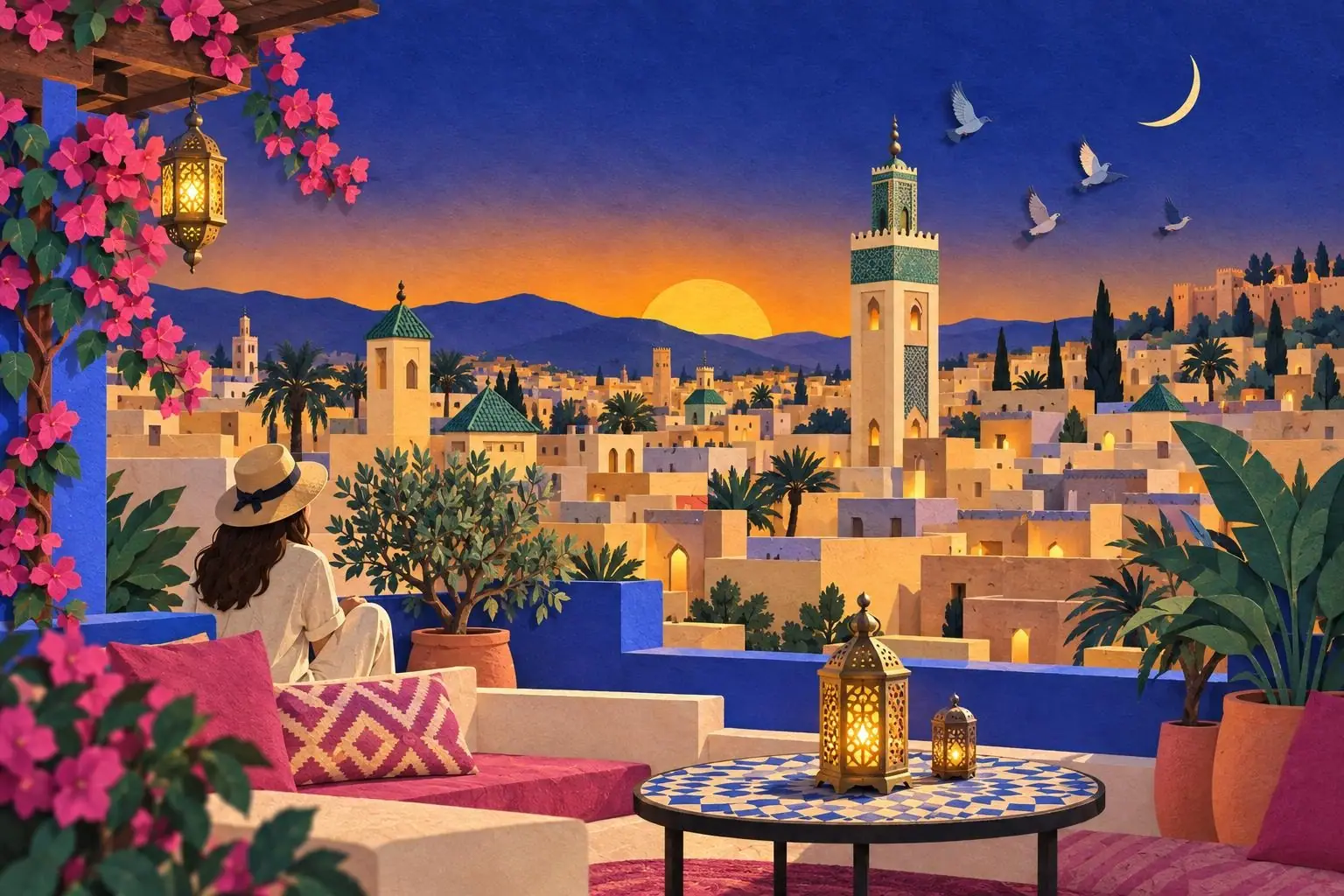 Un collage en papel recortado de los tejados de la medina de Fez al atardecer: faroles encendidos en una terraza, alminares de azulejos verdes bajo un cielo azul índigo y dorado, una luna creciente fina y palomas en vuelo.