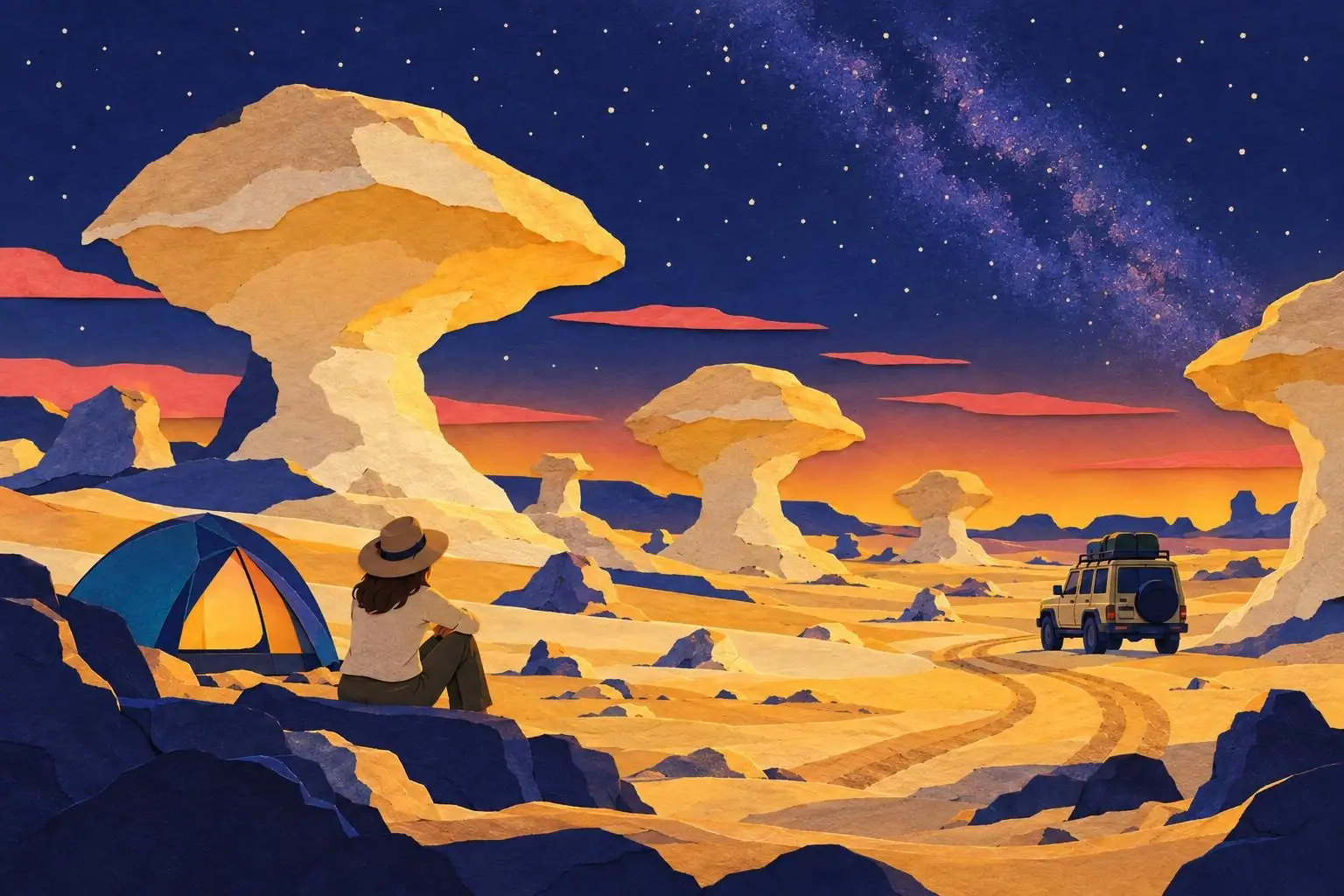 Chalk rock formations in Egypt's White Desert at sunset, with a 4x4 and desert camp in the foreground