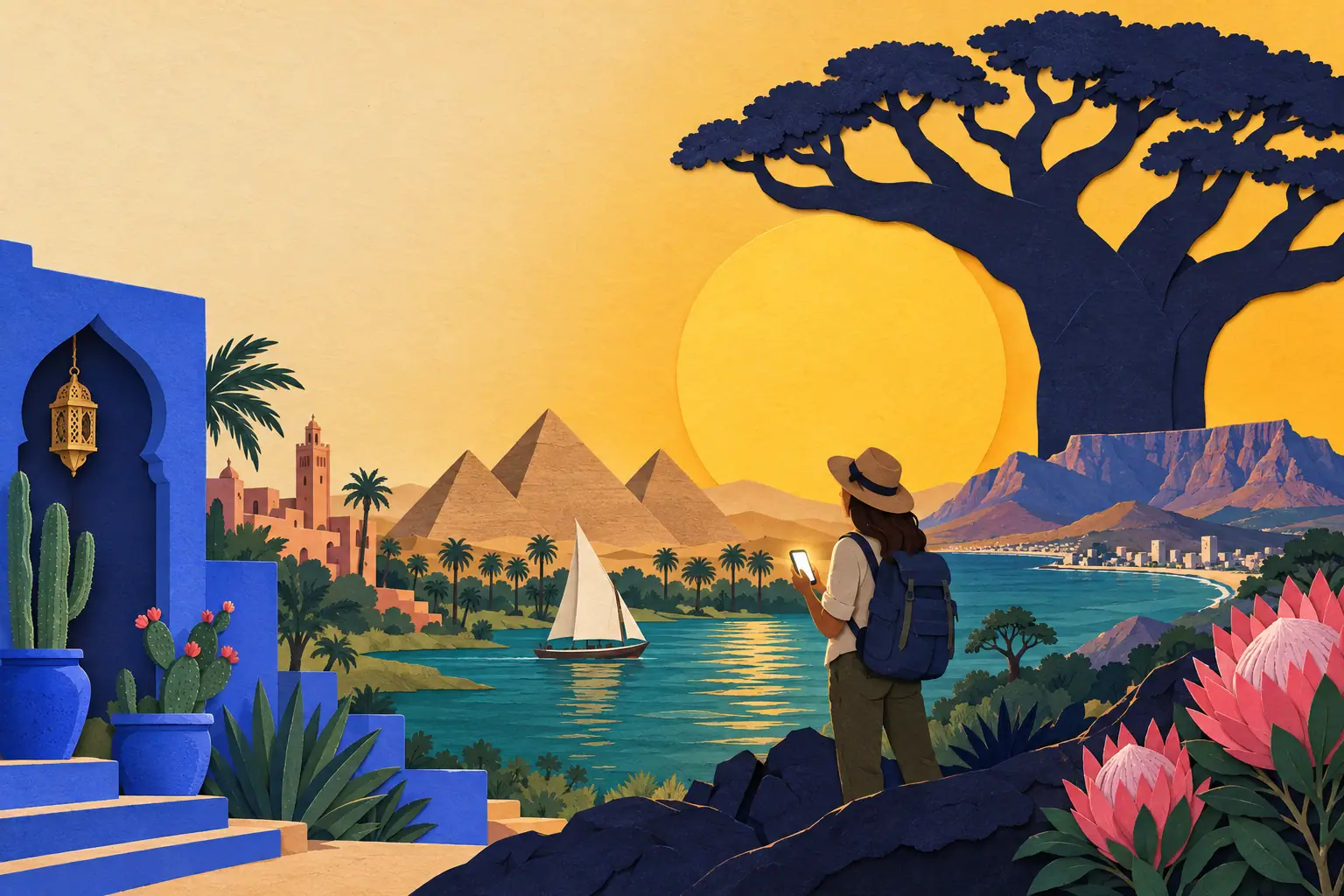Kâğıt kesme kolajı: mavi bir Fas kapısı, Nil kıyısında piramitler, Masa Dağı ve bir baobab ağacı; telefonuna bakan bir gezgin.