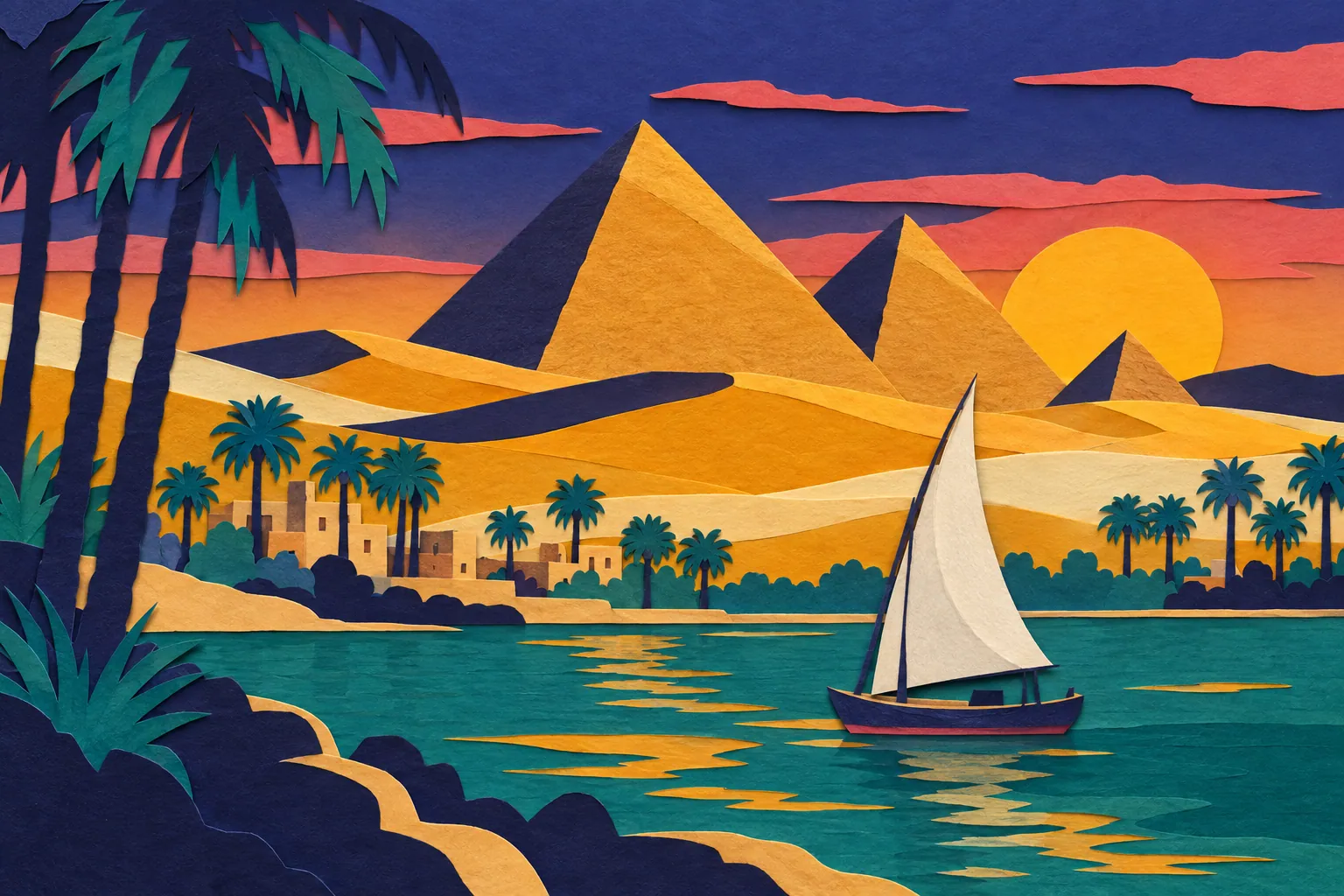 Paper-cut collage of the pyramids at sunset, with palms and a felucca on the Nile.