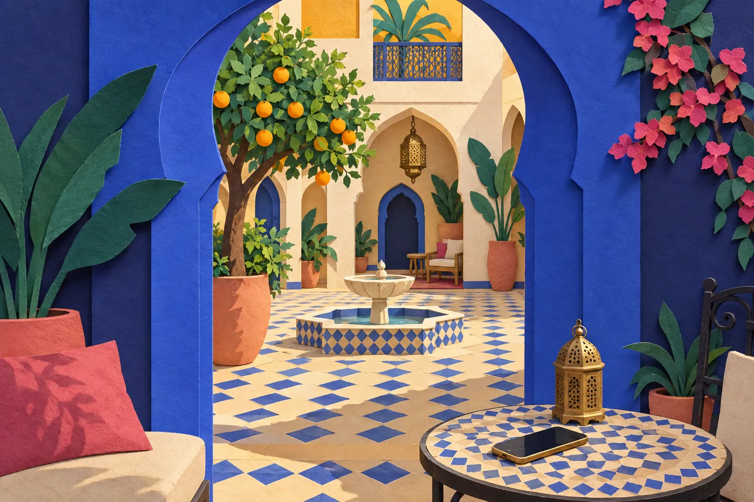 Paper-cut collage of a Moroccan riad courtyard with a fountain, orange trees and blue arches.