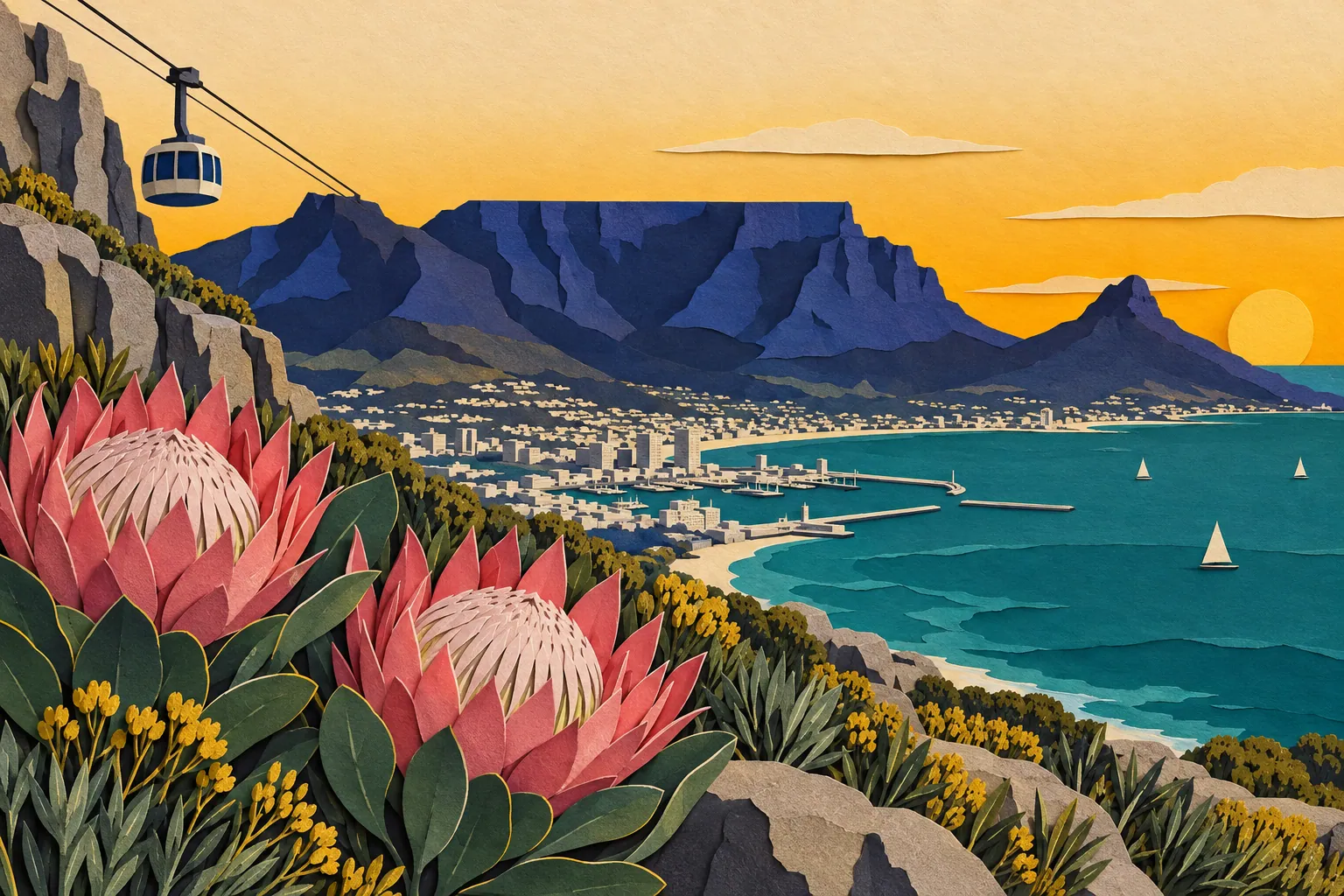 Paper-cut collage of Cape Town and Table Mountain behind protea flowers, with a cable car.